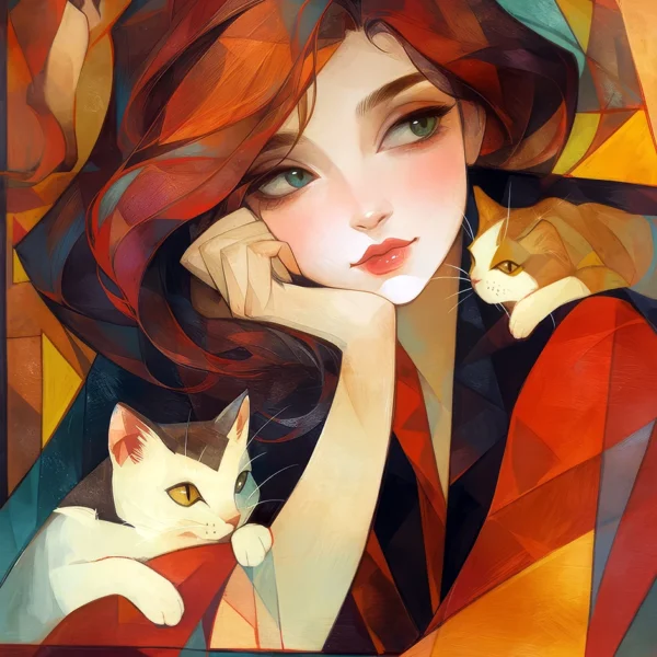 Daydreaming girl and purring cats